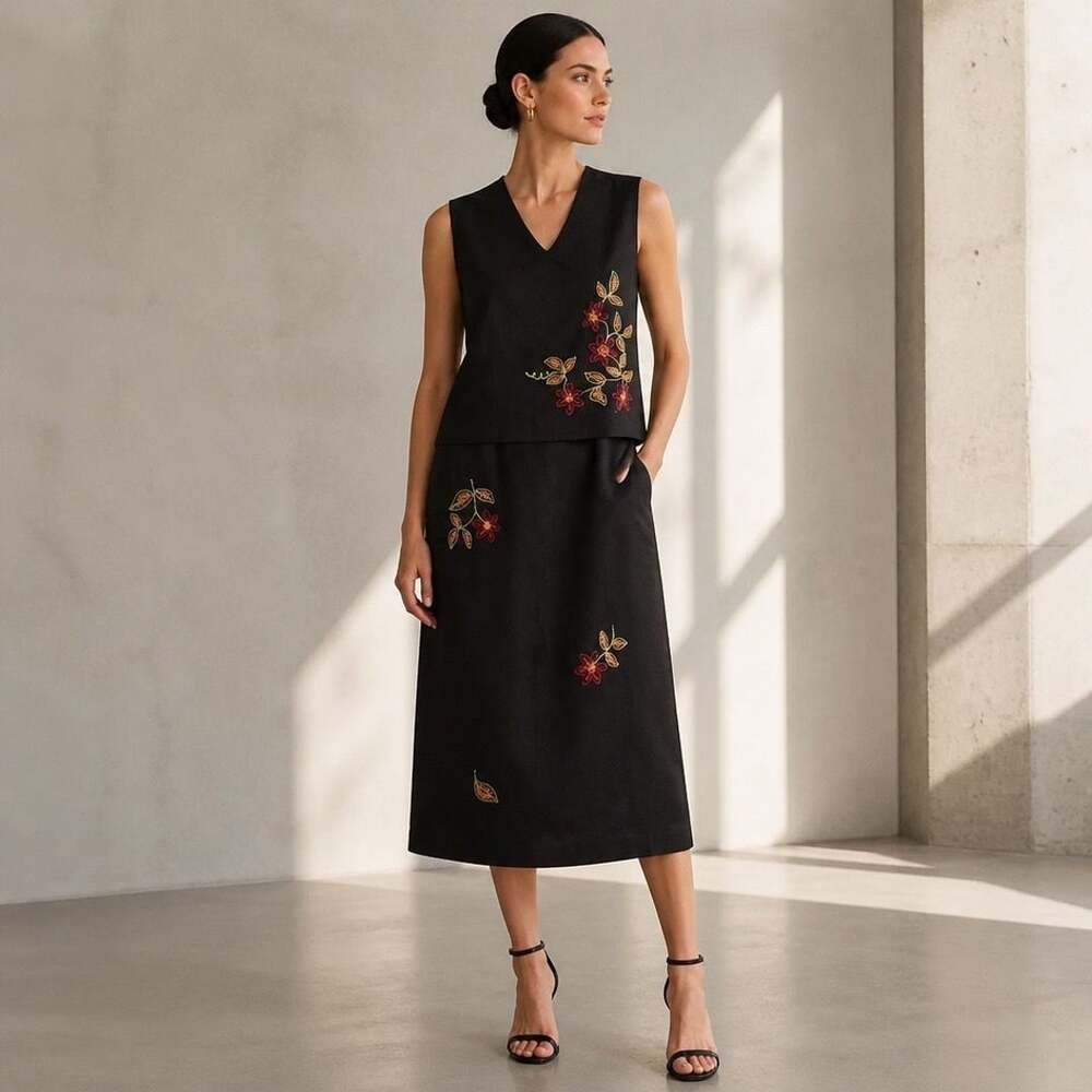 Positive Attitude Black Linen Blend Floral Embroidered Petite 2-Piece Outfit Set